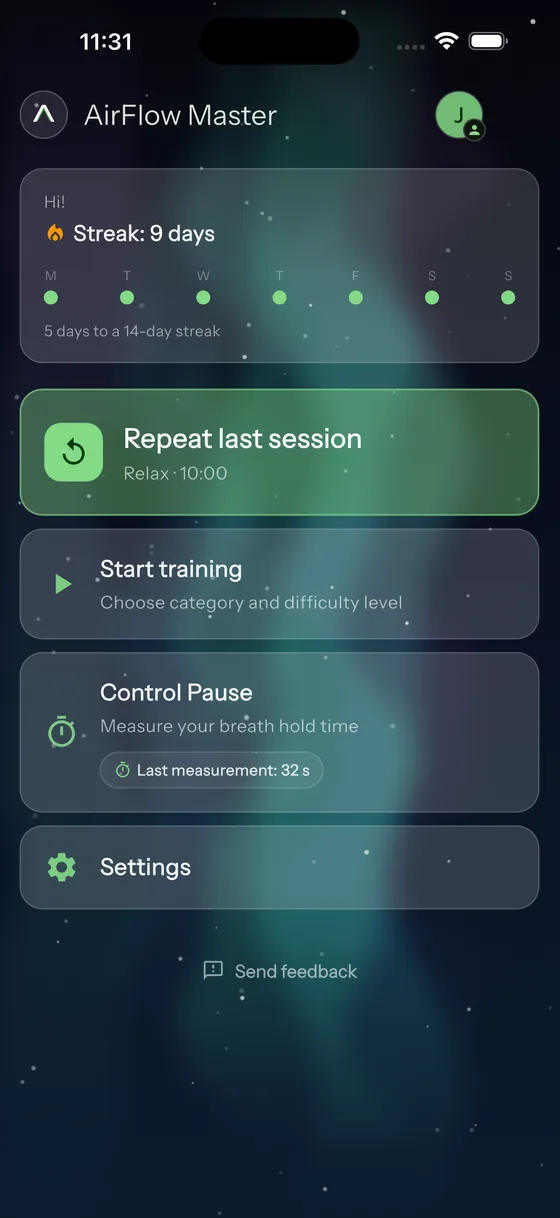 The AirFlow Master home screen