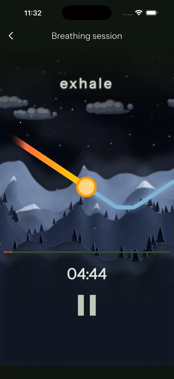 A breathing session with an animated rhythm over mountains